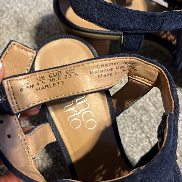 Franco Sarto 6.5 navy suede sandals. Heel 2.5” wooden. - Picture 6 of 11